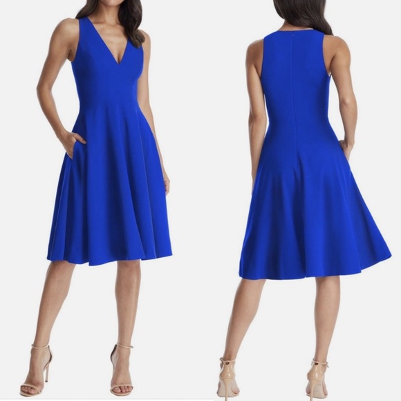Dress the Population Blue Catalina Fit & Flare Cocktail Midi Dress Sz Large - Picture 1 of 12